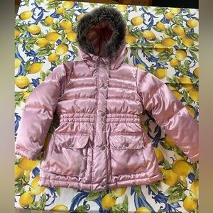 Hanna Andersson 130 kids 8 light pink faux fur lined hoodie down puffer coat
